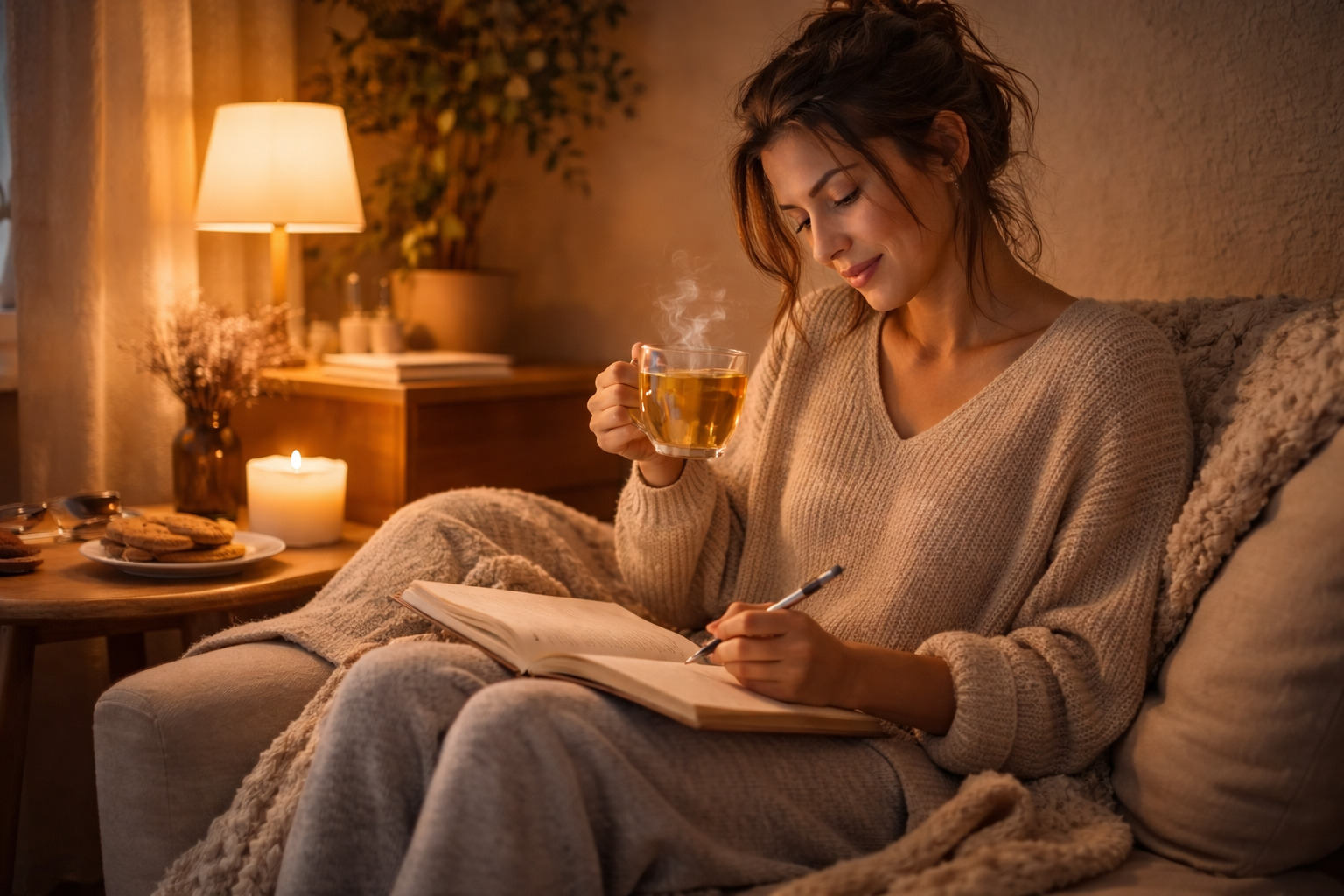 Večerní rituál péče o sebe – klidná chvíle s čajem pro obnovu energie